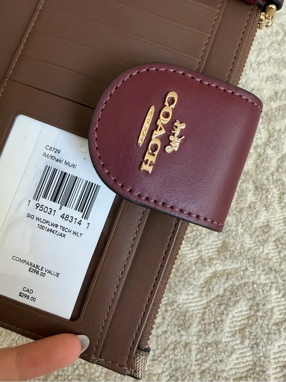 Coach Brown Wallet with Burgundy Snap and Gold Logo